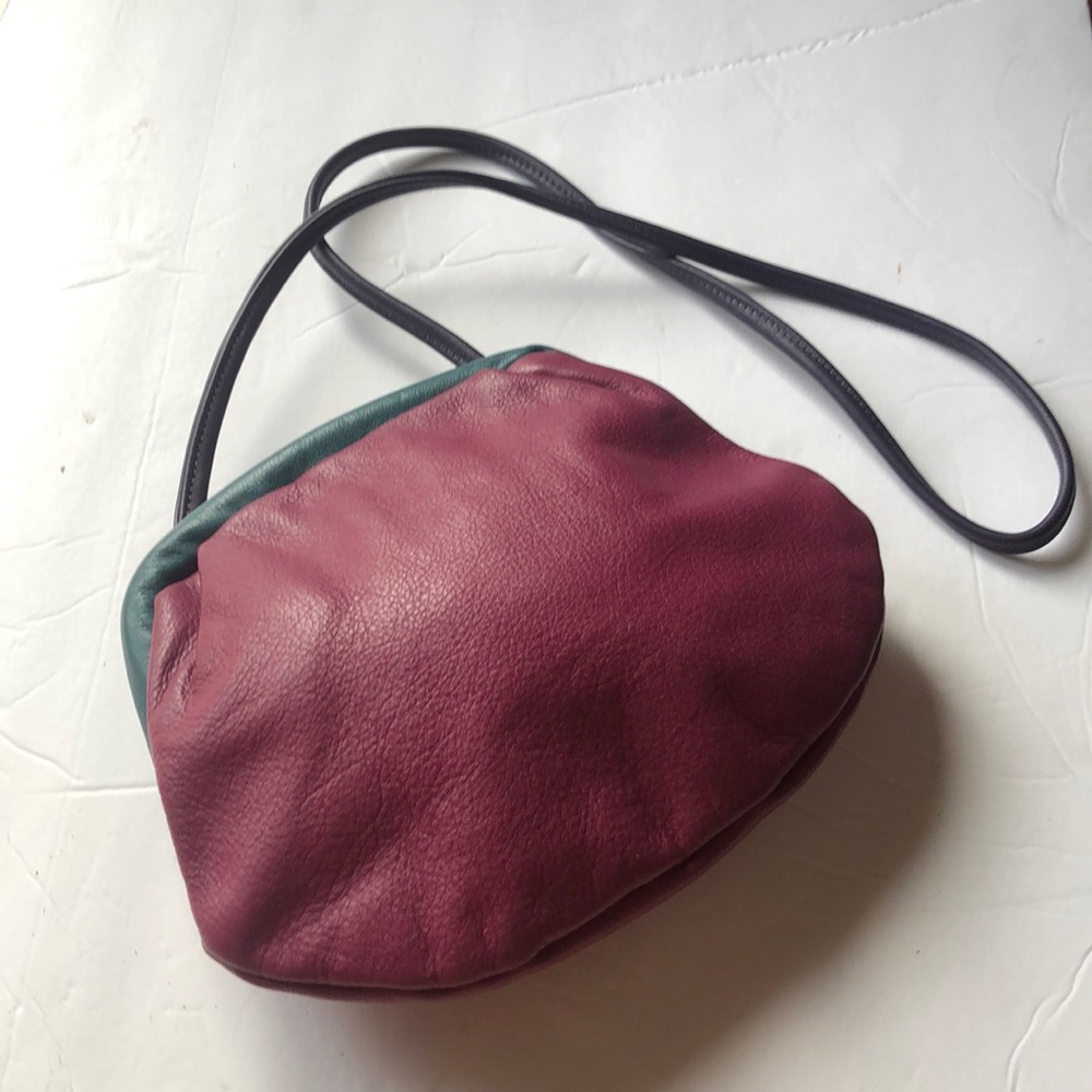 Crossbody multicolored leather purse. Plum color with purple strap, snap closing